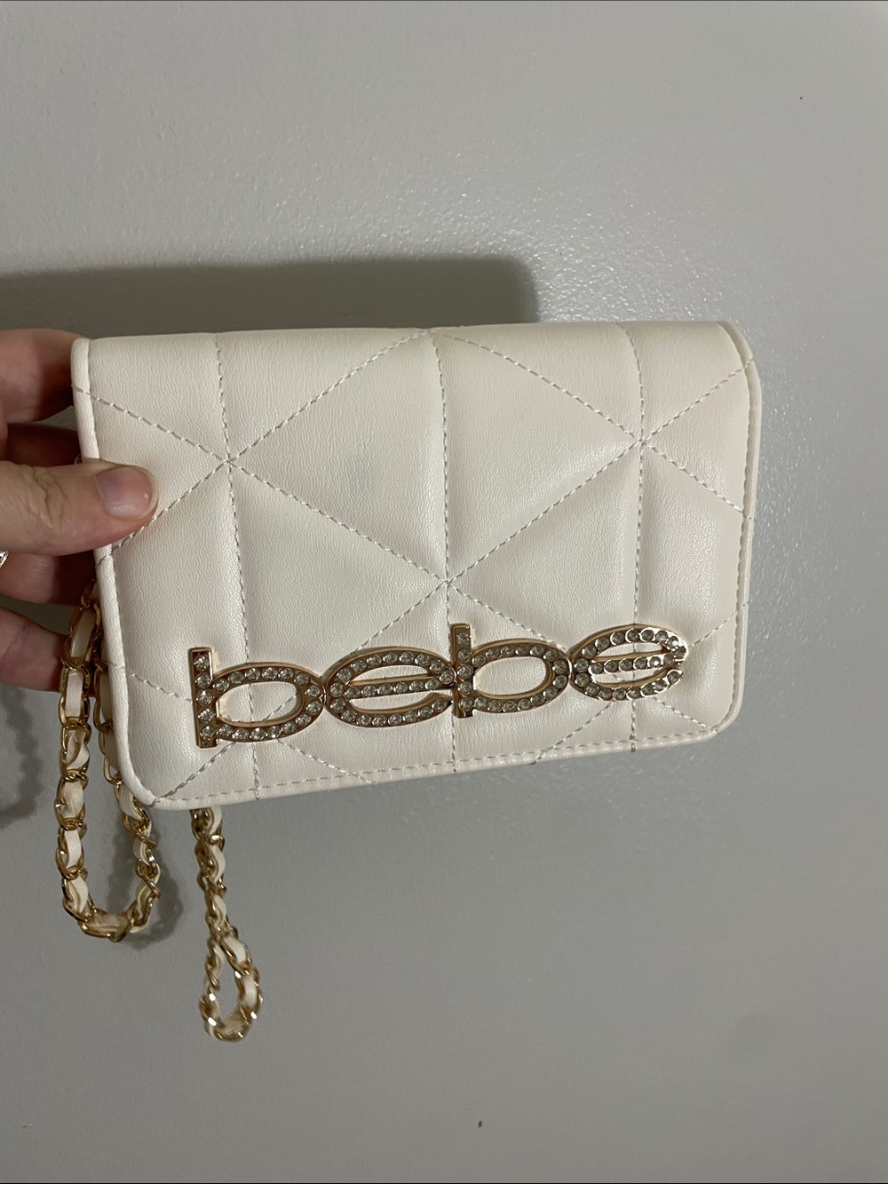 bebe Quilted Cream Mini Crossbody with Gold Logo Chain
